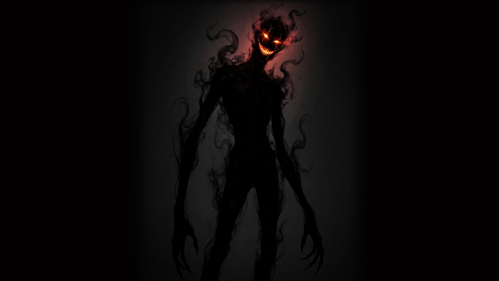 Atropos: a creature of shadow and smoke, over two metres tall, with long arms; its face glows red like fire.
